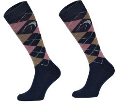 Podkolanówki jeździeckie w karo, granatowy różowy miodowy, wzór 22