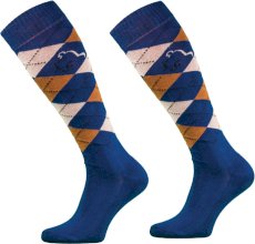 Podkolanówki jeździeckie w karo, niebieskie beżowe miodowe, wzór 32