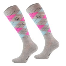 Podkolanówki jeździeckie w karo, beżowy różowy błękitny, wzór 33