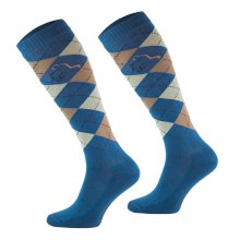 Podkolanówki jeździeckie w karo, niebieski miodowy beżowy, wzór 37