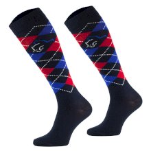 Podkolanówki jeździeckie wzór karo, granatowo czerwono niebieskie