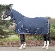 Przeciwdeszczowa derka padokowa podszyta polarem, HKM Starter z odpinanym kapturem, granatowa