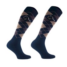 Podkolanówki jeździeckie w karo, granatowo beżowo brązowe