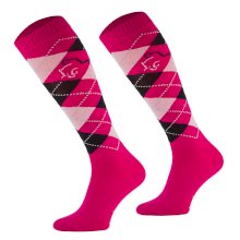 Podkolanówki jeździeckie w karo z cienką stopą, malinowe różowe czarne