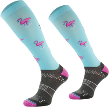 Cienkie podkolanówki jeździeckie z mikrofibry na lato, błękitne w różowe flamingi