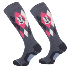 Ciepłe podkolanówki jeździeckie z wełną merynosów, jeans/karo różowe koniki