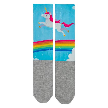 Podkolanówki z nadrukiem jednorożca sublimacja,  niebieskie biały jednorożec