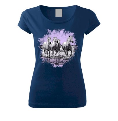 T-shirt damski do jazdy konnej, 4 konie  ciemny niebieski