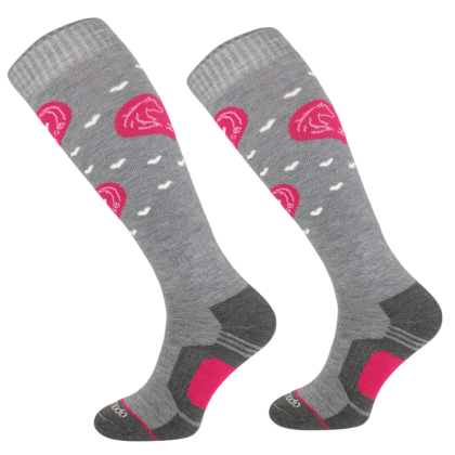 Ciepłe podkolanówki jeździeckie z wełną merynosów, szare/różowe serca