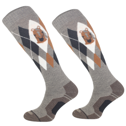 Ciepłe podkolanówki jeździeckie z wełną merynosów, beżowe/karo brąz z konikiem